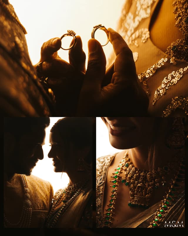 Engagement ring detail held in warm dramatic light